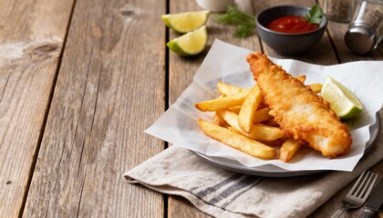 Crispy battered fish with golden fries on parchment&mdash;classic fish and chips served simply with sauce for comforting pub-style dining.
