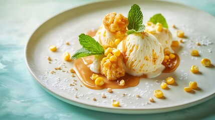 Creamy Vanilla Ice Cream with Caramel Sauce and Sweet Corn Kernels
