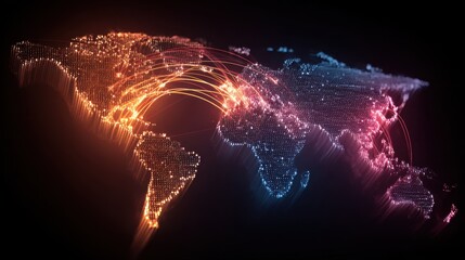 Digital World Map with Colorful Data Connections and Light Trails Representing Global Communication and Technology Flow