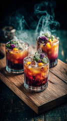 Festive drinks served at a Halloween party feature smoky purple hues, ice, and vibrant garnishes, creating a spooky atmosphere for guests to enjoy