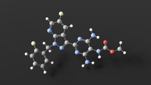 vericiguat molecule 3d, molecular structure, ball and stick model, structural chemical formula soluble guanylate cyclase stimulator