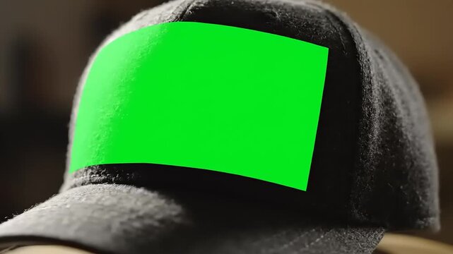 Close-up of a dark baseball cap with a green screen patch slowly rotating