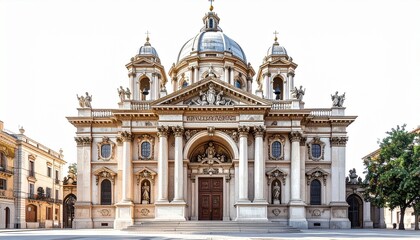 A realistic baroque basilica church with large dome, decorative carvings, and grand entrance isolated on white background

