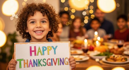 Smile curly boy holding a sign with the inscription "Happy Thanksgiving". Happy family celebrating Thanksgiving. Holiday concept. Traditional turkey dinner.