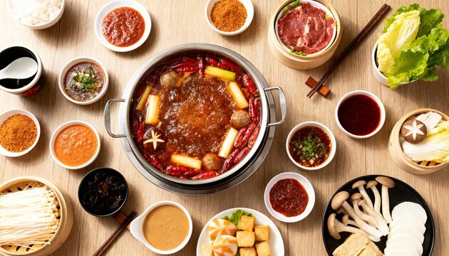 Spicy Chinese hot pot with bubbling broth and an array of dipping sauces—vibrant, shareable feast ready for cooking at the table.
