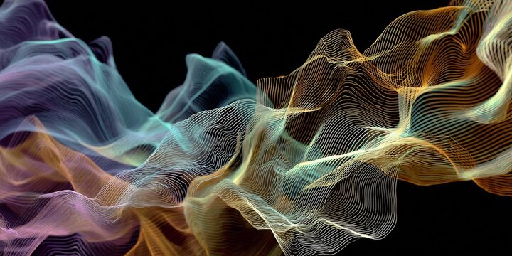 Abstract background with dynamic flowing multicolored wavy lines, resembling a futuristic wireframe data visualization on black.