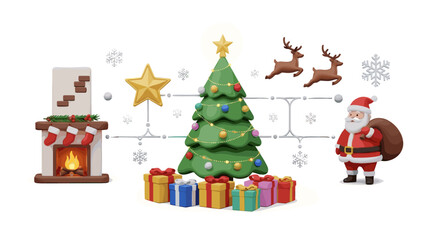 Naklejka premium Vector art of claymation christmas scene with santa claus, christmas tree, fireplace, gifts, and reindeer