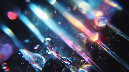 Fototapeta premium Abstract light beams refract through crystals, creating shimmering reflections with blue and pink glowing tones. 