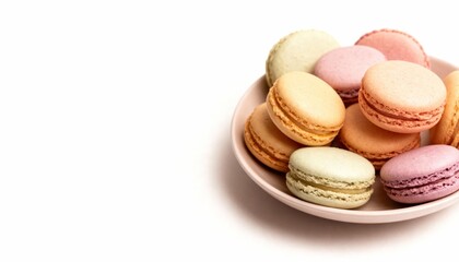 Pastel French macarons on a light backdrop—colorful almond meringue cookies with creamy fillings, styled minimal for a delicate dessert treat.
