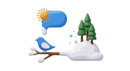 Fototapeta premium 3d illustration of a bird on a snowy branch with trees and a sun icon in a speech bubble