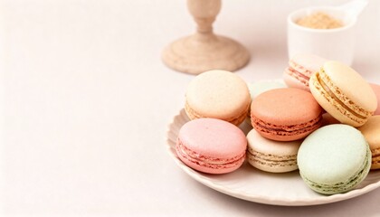 Pastel French macarons on a light backdrop—colorful almond meringue cookies with creamy fillings, styled minimal for a delicate dessert treat.

