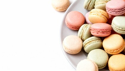 Pastel French macarons on a light backdrop—colorful almond meringue cookies with creamy fillings, styled minimal for a delicate dessert treat.
