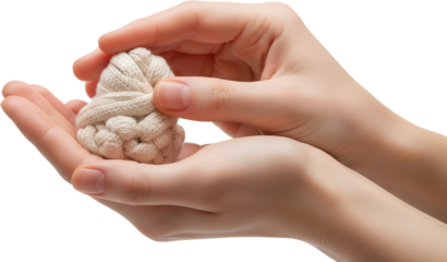 Delicate hands cradle a textured intricately knotted textile sphere showcasing intricate craftsmanship and soft material fabric holding care beige woven