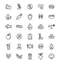 Fototapeta premium Healthy Food and Nutrition Line Icons Set — 30 Minimal Diet, Organic Eating, Wellness and Calorie Control Vector Symbols