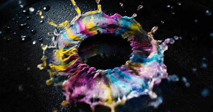 Dynamic splash explosion captured in abstract donut shape with vivid colors against black backdrop, viewed from frontal perspective