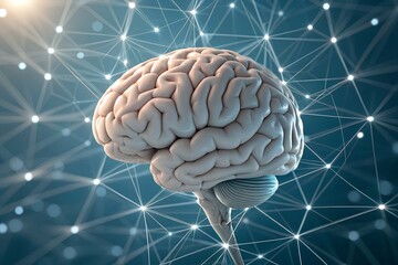 3D Brain Rendering with Neural Network Background – Digital Visualization of Human Brain Suspended in Data Grid Environment, AI, Neuroscience, Technology, Intelligence, Connectivity