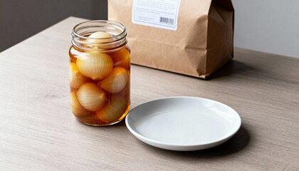Jar of pickled pearl onions on a neutral plate against a dark backdrop—crisp, tangy garnish for snacks, salads, and Gibson martinis.
