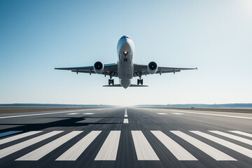 Silver white commercial jet taking off facing camera with landing gear