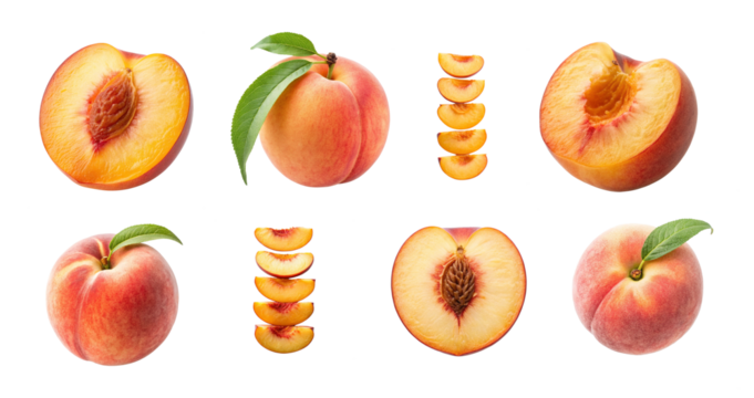 High-quality Peach PNG Fruit Pack featuring fresh ripe peaches in whole and sliced forms, with detailed textures of juicy orange flesh and natural green leaves.
