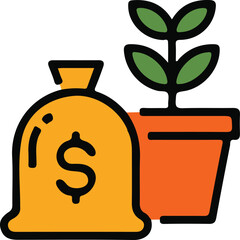 Financial Growth Illustration Depicting a Money Bag with Dollar Sign and a Plant in a Pot