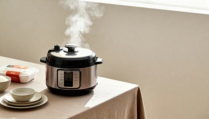 Modern rice cooker steaming on a kitchen table beside a bowl of rice—sleek stainless design for easy, fluffy grains at home.
