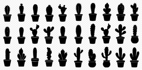 A collection of black silhouette icons depicting various types of potted cacti and succulents on a transparent background.