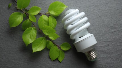Energy-efficient light bulb with green leaves on a textured surface symbolizing sustainability and eco-friendly living