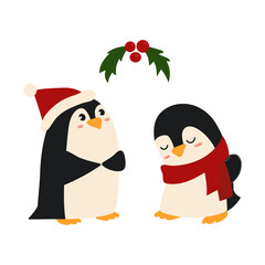 A cute illustration of two penguins standing underneath a mistletoe. Fun Christmas characters.