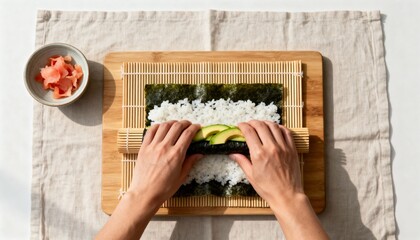 Hands rolling fresh sushi with rice, seaweed, salmon, tuna, cucumber, and avocado on a bamboo mat. 
