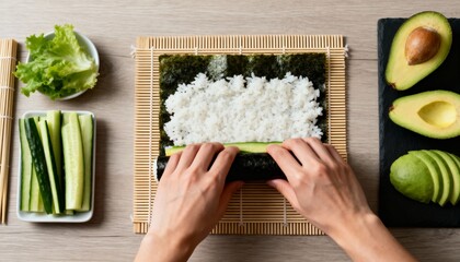 Hands rolling fresh sushi with rice, seaweed, salmon, tuna, cucumber, and avocado on a bamboo mat. 
