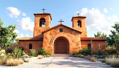 Fototapeta premium A realistic mission style church with adobe walls, bell tower, and arched doorway isolated on white background 
