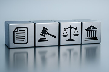 Minimalist legal concept with reflective cubes and justice symbols
