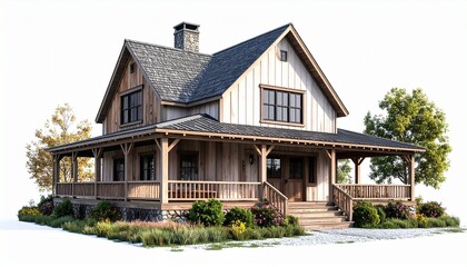 A realistic country farmhouse with wraparound porch, barn style design, and wooden siding isolated on white background
