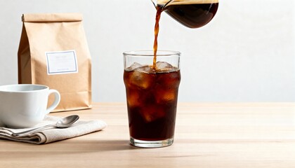 Cold brew pours over ice in a clear glass on a light wood table, with a coffee bag, cup and spoon—clean, refreshing café vibe.
