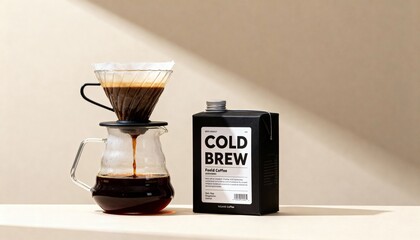 Cold brew pours over ice in a clear glass on a light wood table, with a coffee bag, cup and spoon—clean, refreshing café vibe.
