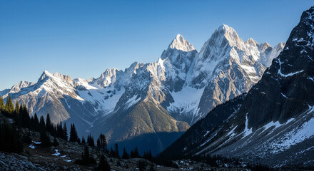 Majestic Snow-Capped Peaks Under a Crisp Blue Sky
A breathtaking panoramic view of a rugged, towering mountain range, with peaks heavily covered in snow and ice
