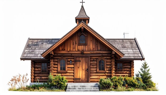 A realistic wooden country chapel with pitched roof, steeple, and small front door isolated on white background
