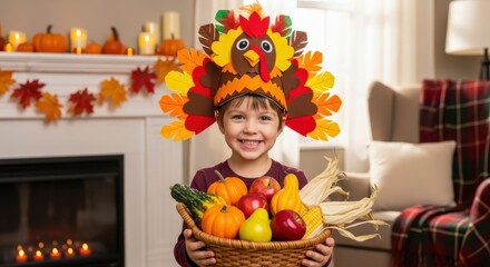 Happy smiling boy with turkey hat holding basket with vegetables and fruits. family celebrating Thanksgiving day	
