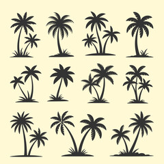 A collection of diverse tropical palm tree silhouettes rendered in a graphic and iconic style.