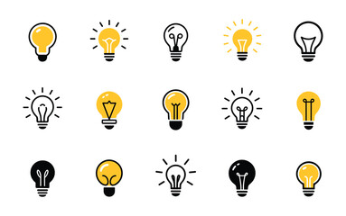 A diverse collection of yellow and black light bulb icons symbolizing ideas and innovation.