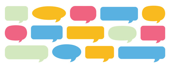 A vibrant collection of diverse pastel-colored speech and chat bubbles for communication graphics.