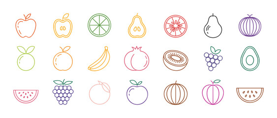 A diverse collection of colorful dashed line style fruit icons for healthy eating concepts.