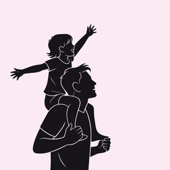 A joyful silhouette depicts a father carrying his daughter on his shoulders as she happily reaches upwards.
