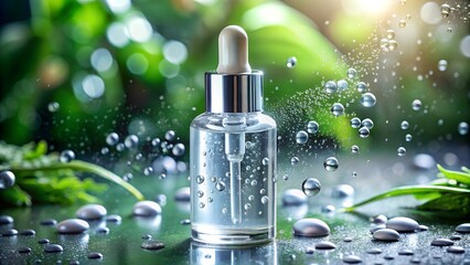 Close Up of Gentle Water Droplets on a Glass Skin Serum Bottle