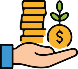 Investment Growth Concept Hand Holding Coins and a Sprout Symbolizing Financial Development and Future Prosperity with Simple and Colorful Design