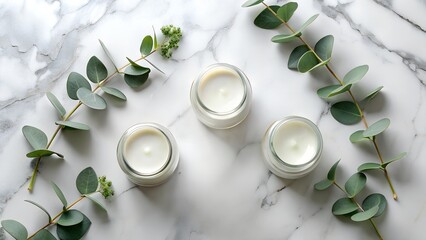 Glass Jar with Cream Beside a Wooden Spoon on White Marble Background