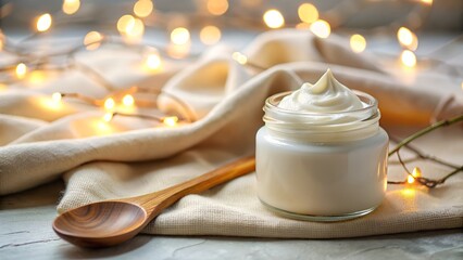 Glass Jar with Cream Beside a Wooden Spoon