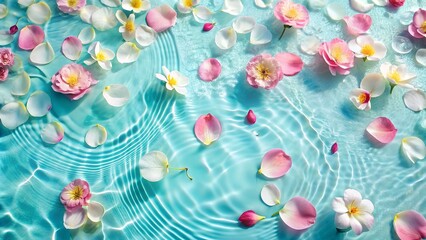 Floating Floral Petals on Pastel Blue Water