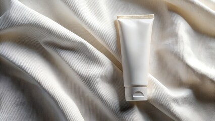 Single Tube of Facial Cream on White Linen Background