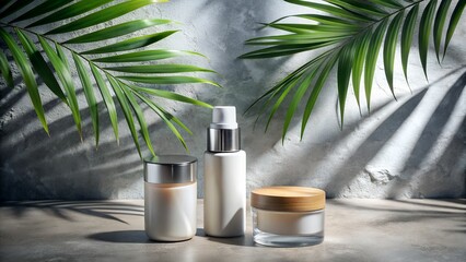 Three Cosmetic Containers on Stone Surface